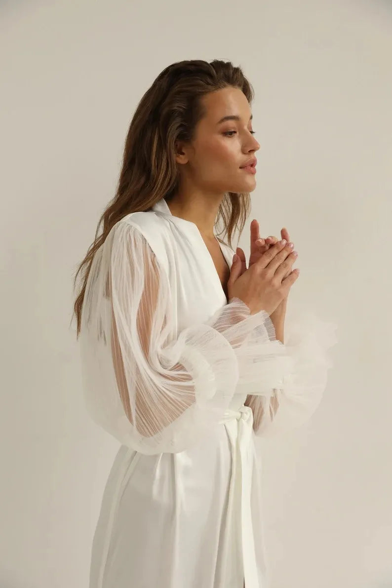 Sexy Satin Silk Long Sleeve White Robe - The Ultimate Robe for Luxurious Comfort | Bride Robe