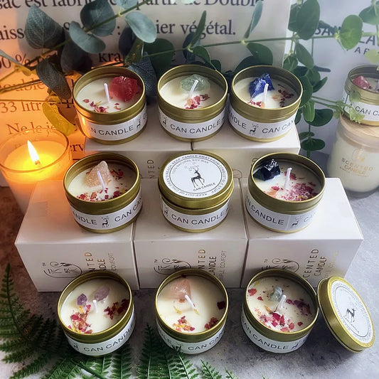 Natural Scented Long Lasting Soy Candles with Crystal Stone & Dried Flowers