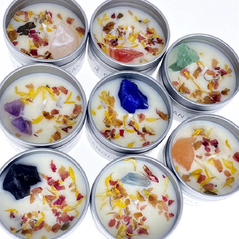 Natural Scented Long Lasting Soy Candles with Crystal Stone & Dried Flowers