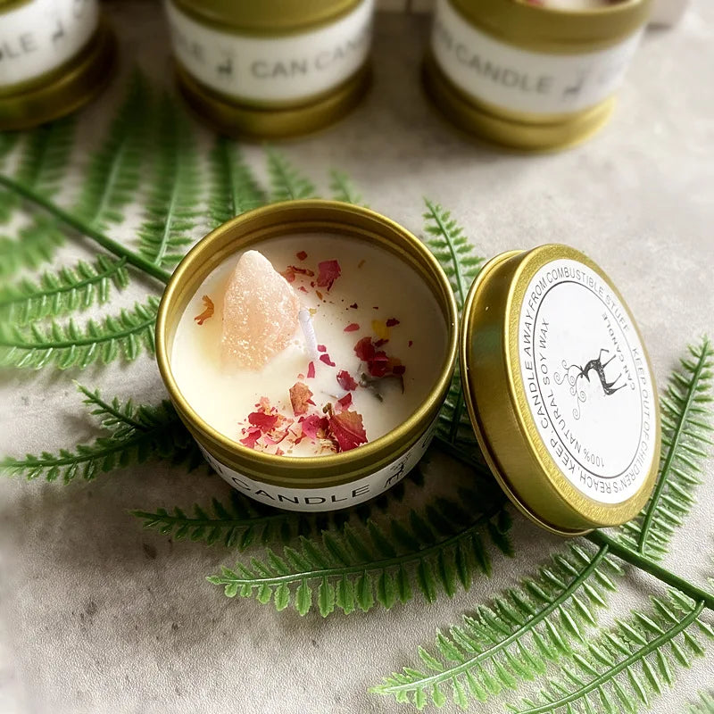 Natural Scented Long Lasting Soy Candles with Crystal Stone & Dried Flowers